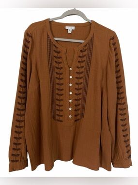 J. Jill Embroidered Gauze Cotton Long Sleeve Blouse Top Rust Boho Sz Large